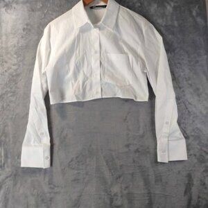 Zara White Cropped Button-Up Shirt XS Off-Duty Model Streetwear Baddie Chic